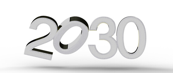 3D render of the year 2030, a futuristic vision on a white backdrop, symbolizing progress and innovation.