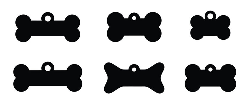 Dog bone tag icons, featuring vector illustrations of dog collar tags, ideal for pet ID, accessories, and animal-themed design projects.