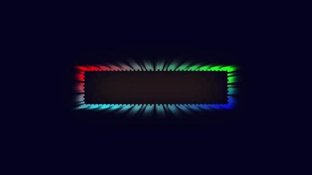 Abstract dark background with glowing rainbow neon rectangular frame and motion blur rays, central empty banner space for text, futuristic tech design.
