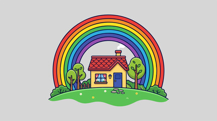 Obraz premium Colorful rainbow arches over a charming house on a green hill.