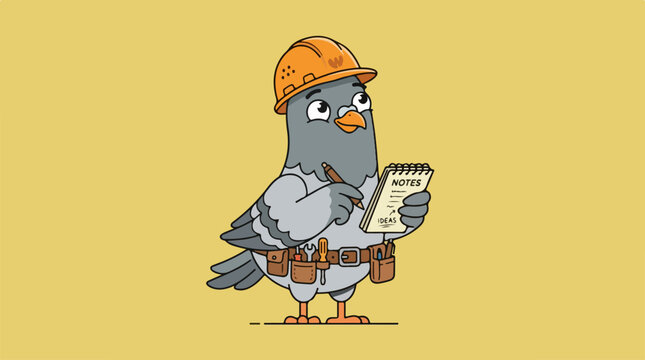 Construction worker pigeon taking notes on a notepad with a yellow background.
