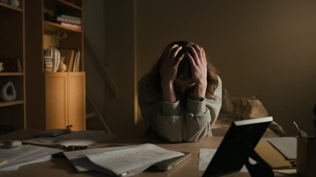 Handheld shot of irritated young Caucasian girl throwing all things off table and clutching head while feeling exhausted and furious working at home at night