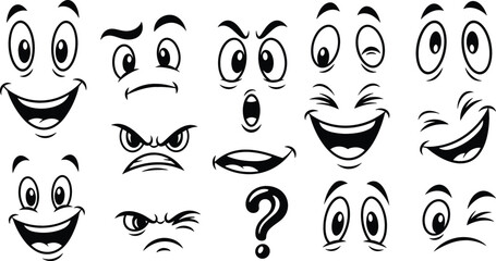 Cartoon facial expressions collection with funny eyes mouths and emotions, comic emoji style faces set for animation design stickers and vector illustration © MbBasir
