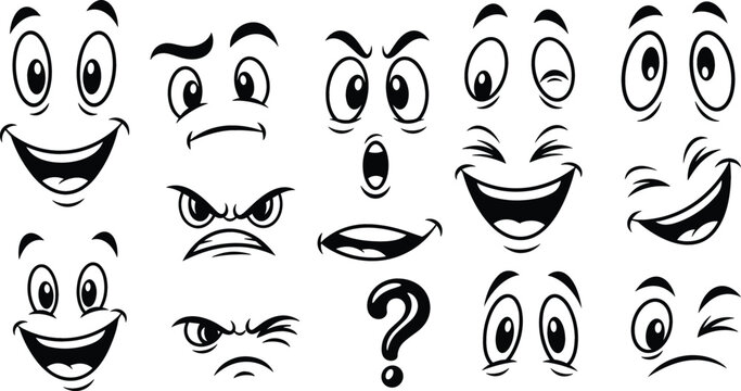 Cartoon facial expressions collection with funny eyes mouths and emotions, comic emoji style faces set for animation design stickers and vector illustration