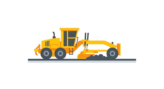 Yellow motor grader smoothing asphalt pavement on road construction with dust cloud