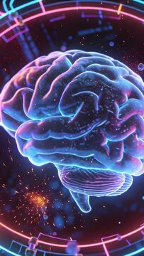 Vertical video: Rotating holographic brain pulsing inside neon HUD, ember spark activating fold