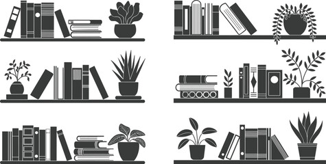 Black and white of books and plants on six shelves bookshelves © Moksedul