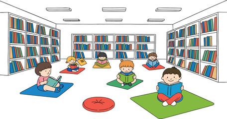 Children sitting on colored mats reading books in a library with white walls and colorful bookshelves © Moksedul