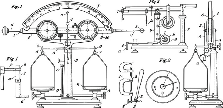 Vintage Mechanical Weight Scale Patent Illustration with Technical Scientific Diagrams, Laboratory Measurement Apparatus, and Engineering Schematics for Educational and Antique Themed Designs