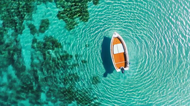 Aerial view of a white motorboat with orange wooden deck floating on crystal clear turquoise water in a tropical lagoon, creating ripples on the surface and revealing the seabed below