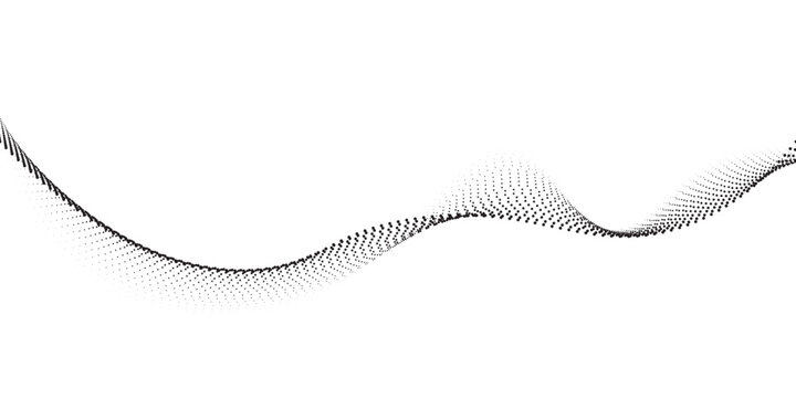 Flowing dots particles wave pattern 3D curve halftone black gradient curve shape isolated on white background. Vector in concept of technology science music modern vector wave