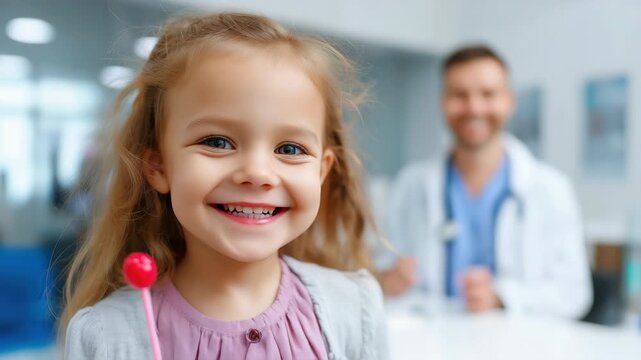 Smiling child with lollipop in friendly medical setting with doctor in background