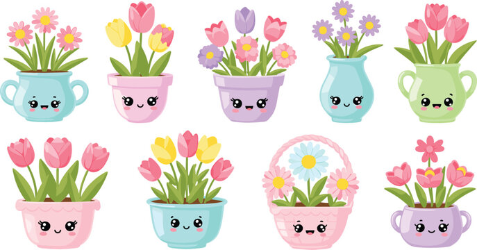Cute kawaii flower pots collection with smiling plant characters, colorful spring blossoms in adorable containers for nursery decor stickers and vector illustration