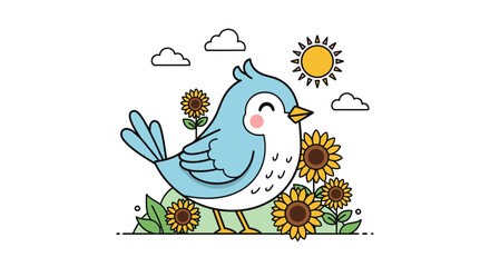 Obraz premium Charming Blue Bird Amidst Sunflowers - A Cheerful Cartoon Illustration.