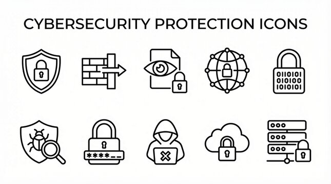Cyber Security Icons Set, Data Protection and Network Security Line Vector Icon Pack, Digital Privacy Technology Symbols