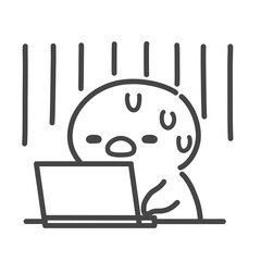 ノートパソコンの前でズーンと落ち込むひよこの手書き線画イラスト　仕事や作業の失敗 © Nitomaru