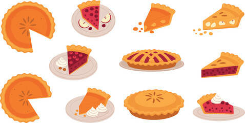 Delicious pie dessert collection with different slices and whole pastries, sweet bakery food assortment including pumpkin apple and berry pie cartoon vector set © MbBasir