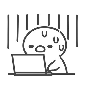 ノートパソコンの前でズーンと落ち込むひよこの手書き線画イラスト　仕事や作業の失敗