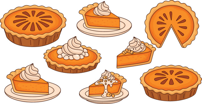Pumpkin pie dessert collection with slices and whole pies topped with whipped cream, autumn bakery sweets cartoon vector illustration set