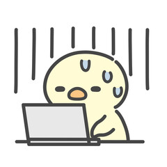 ノートパソコンの前で落ち込むひよこの手書きイラスト　仕事や作業の失敗 © Nitomaru