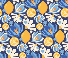 Naklejka premium Lemon and Floral Seamless Pattern Vector – Fresh Citrus Summer Background