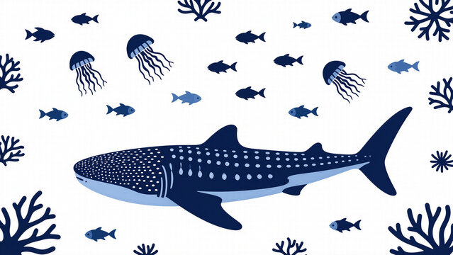 Simple seamless vector pattern illustration featuring a cute blue whale shark and small fish swimming on a white background.