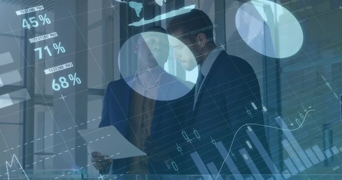 Animation of financial data processing over two diverse business people