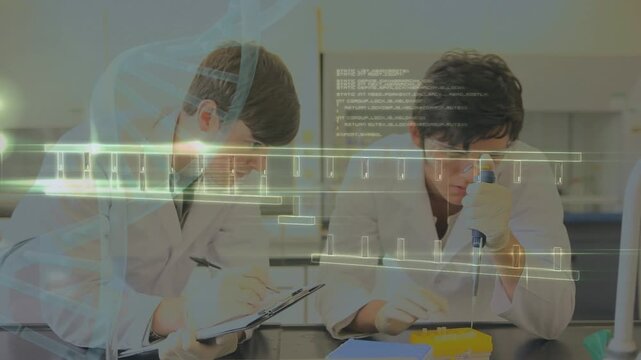 Animation of dna strand, data processing over diverse scientists in laboratory