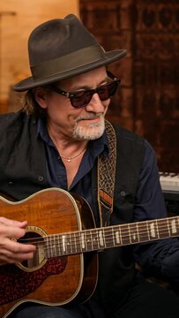 Vertical video: Camera rolling older guitarist playing guitar in studio for session wearing fedora
