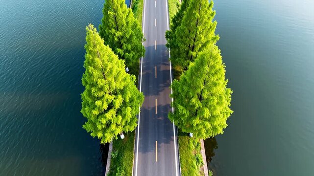 Aerial view of road with trees by water