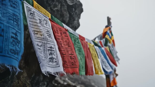 Colorful Prayer Flags Fluttering On A Mountain Peak In Fog