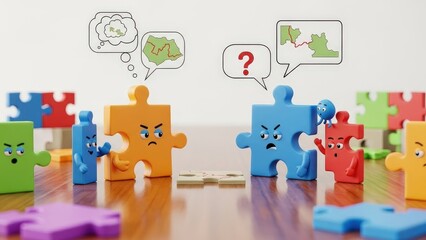 Naklejka premium Puzzle pieces with angry faces discuss and interact on a wooden table