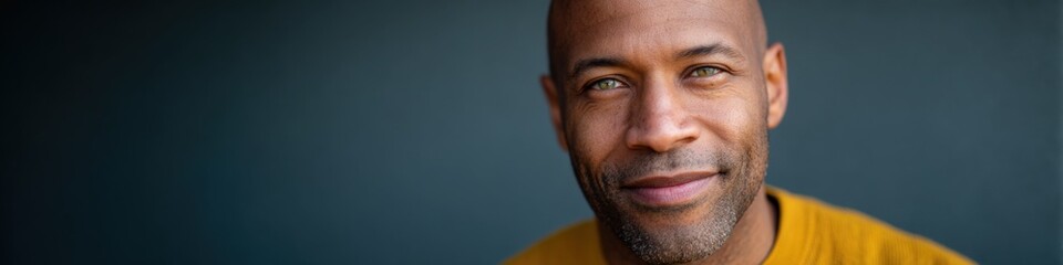 Fototapeta premium Smiling african male adult closeup confident gaze against dark backdrop warm portrait