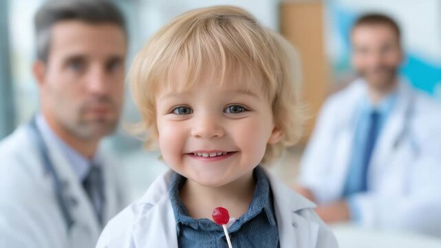 Joyful child in doctor's office holding lollipop with pediatrician smiling in background