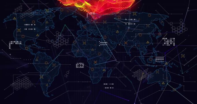 Animation of connections, shapes and flames on black background