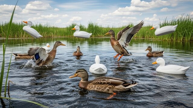 Ducks and swans swim on a serene lake surrounded by lush greenery on a sunny day with clouds