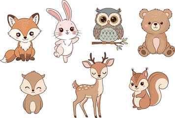 Fototapeta premium Cute woodland forest animals cartoon vector collection with fox, bunny, owl, deer, bear, squirrel, raccoon in flat style - flat vectorizer