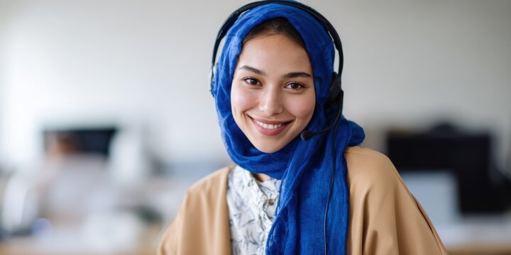 Female asian adult agent wearing blue headscarf and headset smiling in office customer service portrait