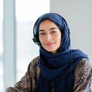 Female asian adult customer service representative wearing hijab headset smiling in office support and communication role