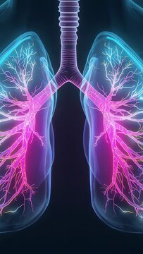 Vertical video: Pulsing light causing centered lungs breathing in studio, showing trachea, bronchi