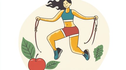 Fototapeta premium Woman jump rope with apple and leaves