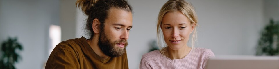 Obraz premium Unspecified male caucasian female young adults concentrating over laptop in contemporary office focused problem solving and collaborative planning