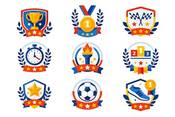 Fototapeta premium Sports Achievement Badges with trophies, medals, stars and athletic symbols.