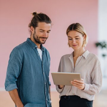 Male caucasian female caucasian collaboration with tablet in bright office pink background two adults reviewing content adult male adult female