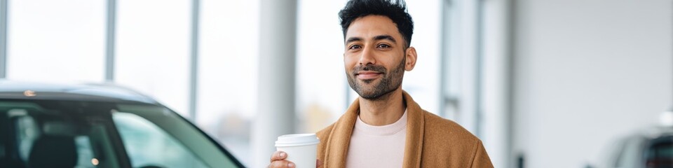 Obraz premium Young asian male holding coffee near car in bright showroom wearing tan scarf casual buyer mood