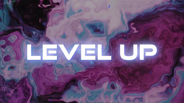 Animation of level up text over cloudy storm cloud cat
