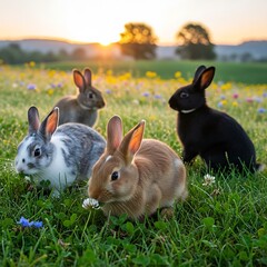 Fototapeta premium Four adorable bunnies graze in a sunlit meadow at sunrise.