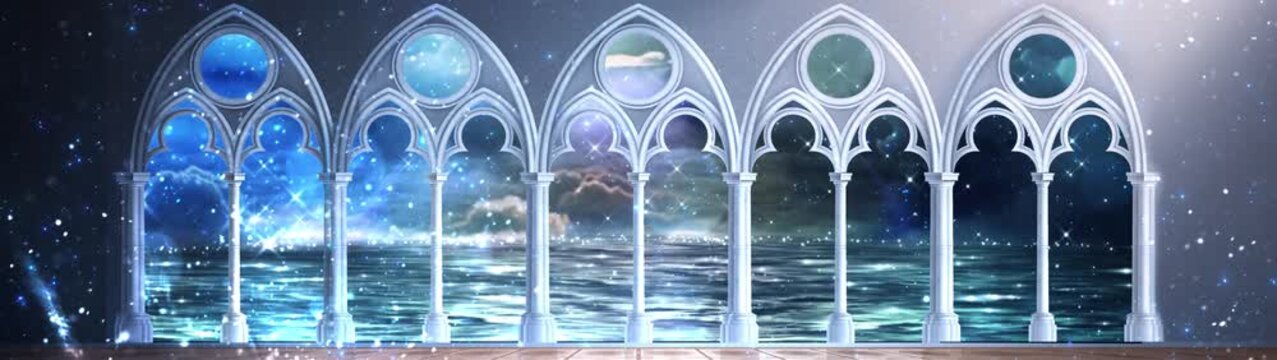 Luxury white gothic arches over calm sea with ethereal light and stars
