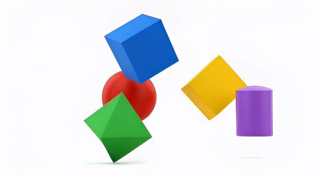 Colorful geometric shapes in equilibrium against white backdrop artistic rendering style