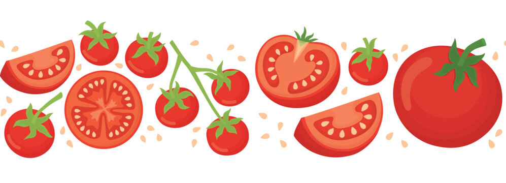Seamless border with red tomatoes. Horizontal pattern with whole, halves and slices of ripe vegetables